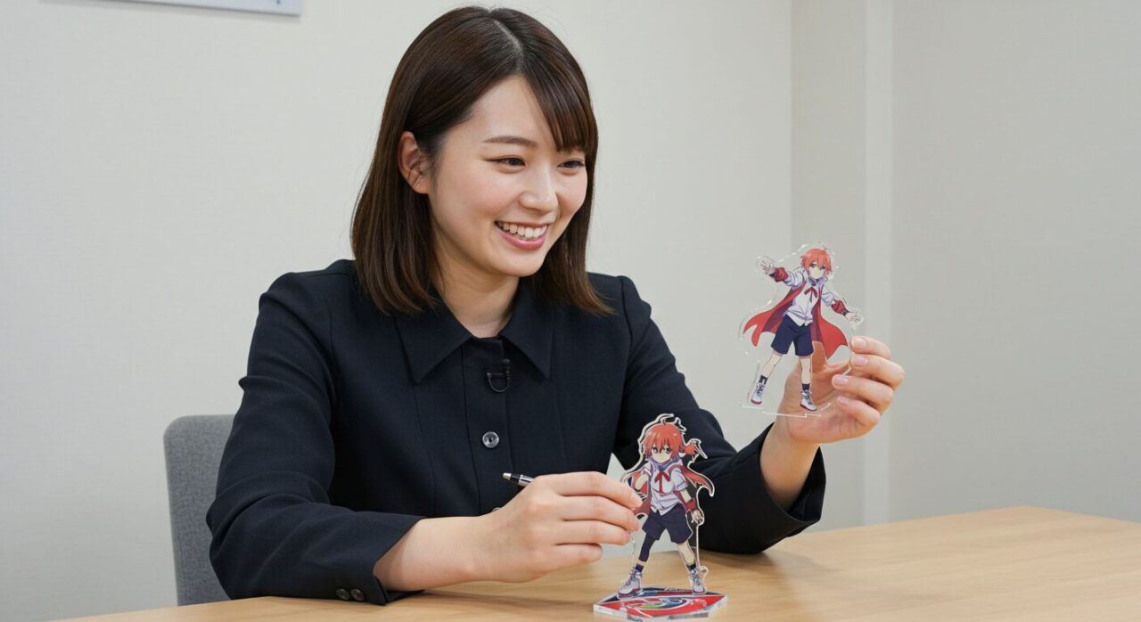 アクリルスタンドの試作品をチェックする女性