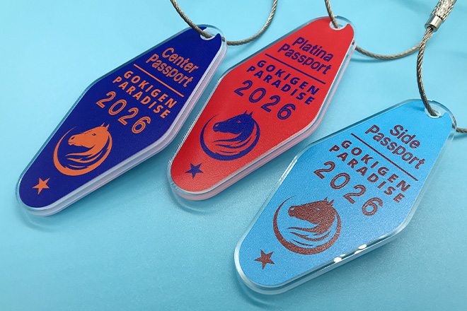 馬のシルエットとビビッドな配色が印象的なアクリルモーテルキー