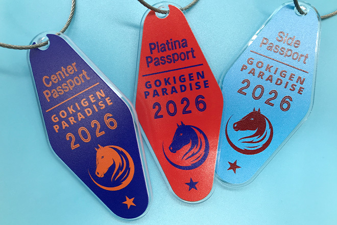 馬のシルエットとビビッドな配色が印象的なアクリルモーテルキー